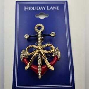 Holiday Lane Anchor Brooch Pin Gold Tone Red Navy Enamel Rhinestone Nautical Bow